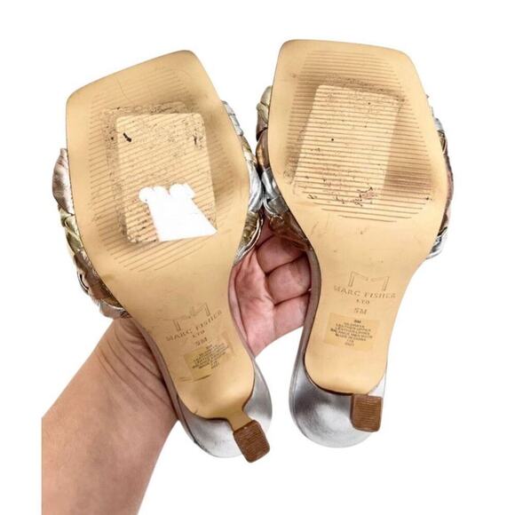 Marc Fisher LTD Sandals Size 5 Silver Slip On Draya Woven Square Toe Heels - Picture 10 of 10